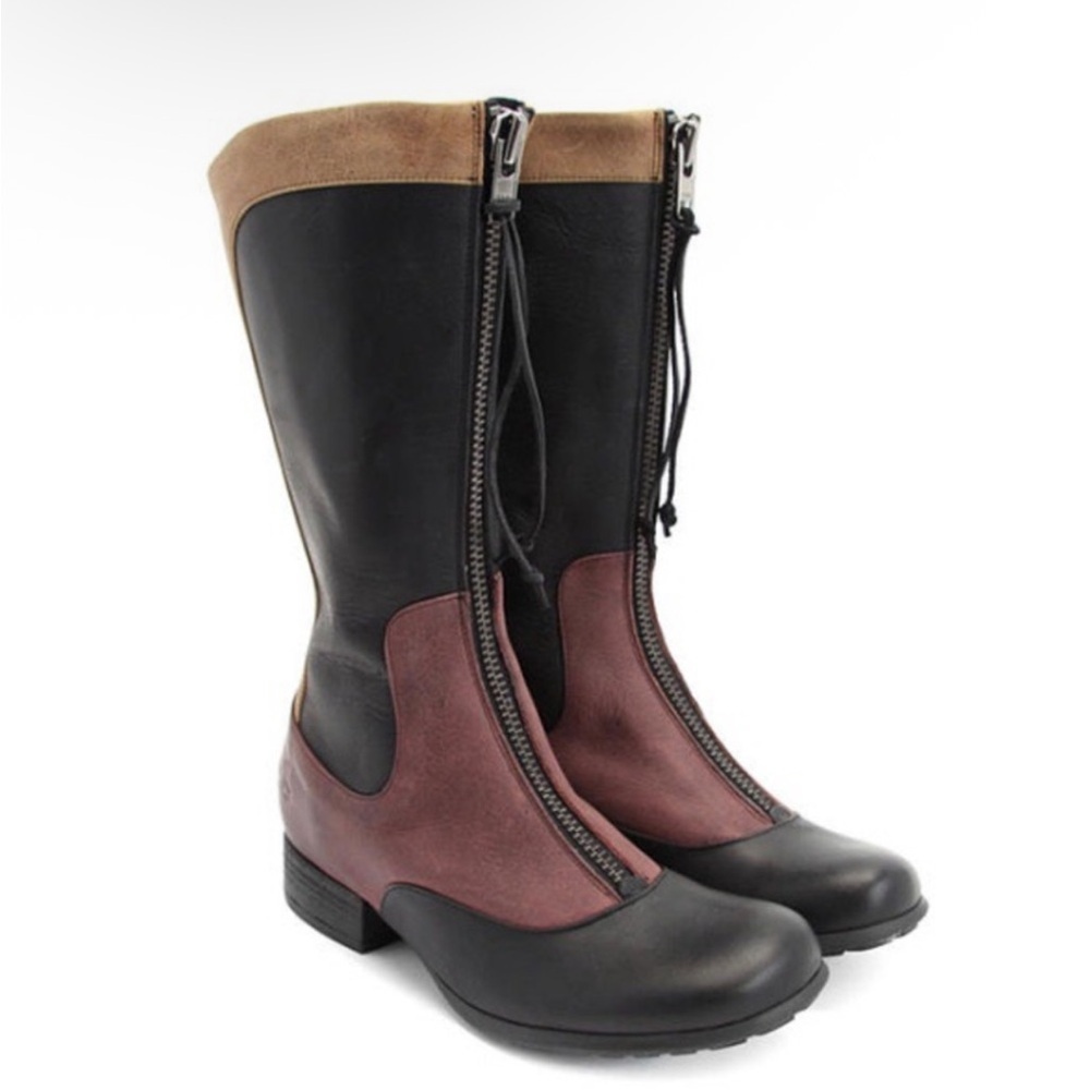 John Fluevog Encourage Kathryn Leather Tall Boots Black Burgundy‎ Yellow 8 GUC